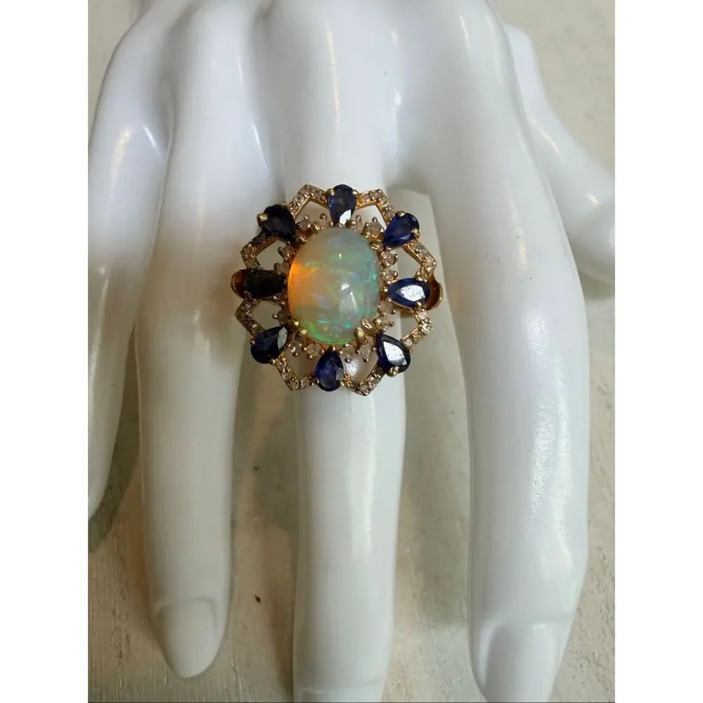 Vintage Opal & Sapphire  sterling silver Ring Gold Tone Halo Statement Ring